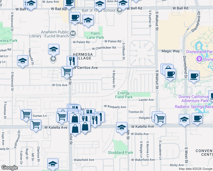 map of restaurants, bars, coffee shops, grocery stores, and more near 1574 West Pacific Place in Anaheim