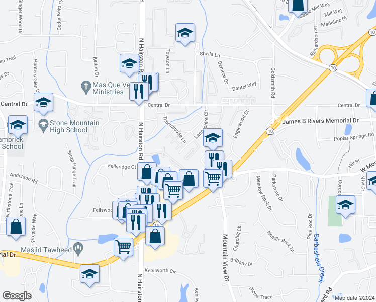 map of restaurants, bars, coffee shops, grocery stores, and more near 1055 Lancashire Circle in Stone Mountain