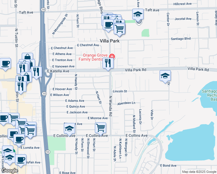 map of restaurants, bars, coffee shops, grocery stores, and more near 2907 East Hoover Avenue in Orange