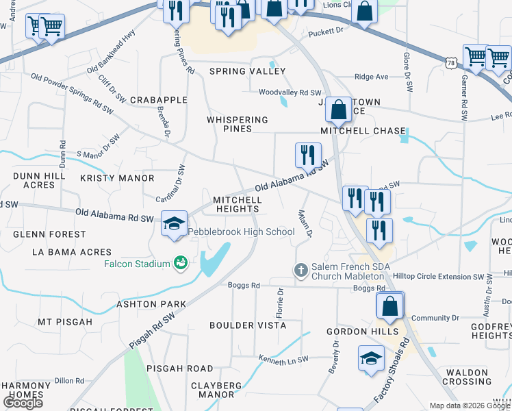 map of restaurants, bars, coffee shops, grocery stores, and more near 5971 Pisgah Road Southwest in Mableton