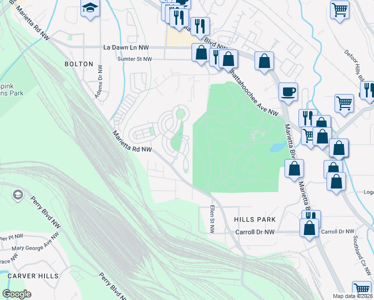 map of restaurants, bars, coffee shops, grocery stores, and more near 1662 Duncan Drive Northwest in Atlanta