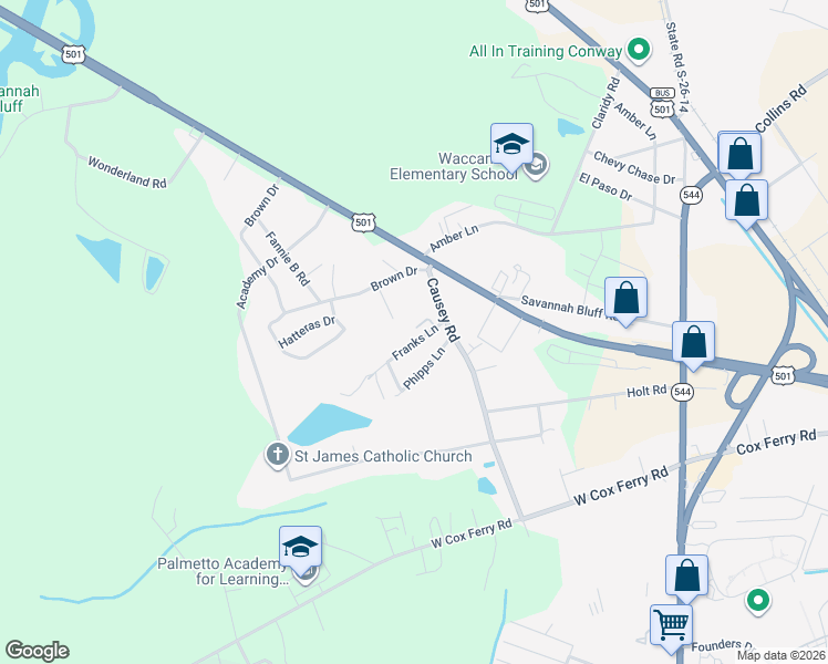 map of restaurants, bars, coffee shops, grocery stores, and more near 1015 Franks Lane in Conway