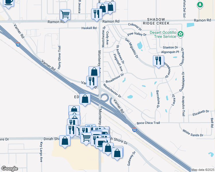 map of restaurants, bars, coffee shops, grocery stores, and more near 33121 Deane Circle in Thousand Palms