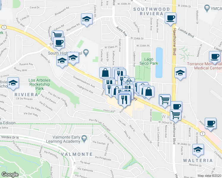 map of restaurants, bars, coffee shops, grocery stores, and more near 4350 Pacific Coast Highway in Torrance
