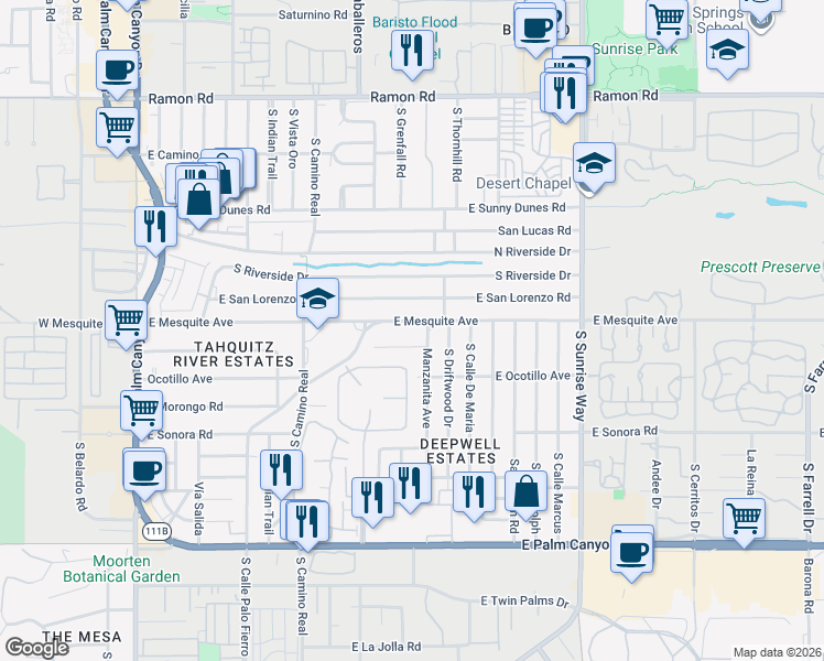 map of restaurants, bars, coffee shops, grocery stores, and more near 1177 East Mesquite Avenue in Palm Springs