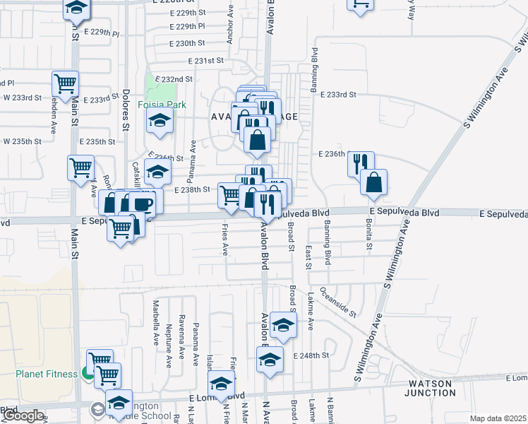 map of restaurants, bars, coffee shops, grocery stores, and more near E Sepulveda Blvd & N Avalon Blvd in Carson