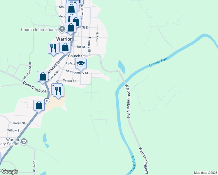 map of restaurants, bars, coffee shops, grocery stores, and more near 9346 Warrior-Kimberly Road in Warrior