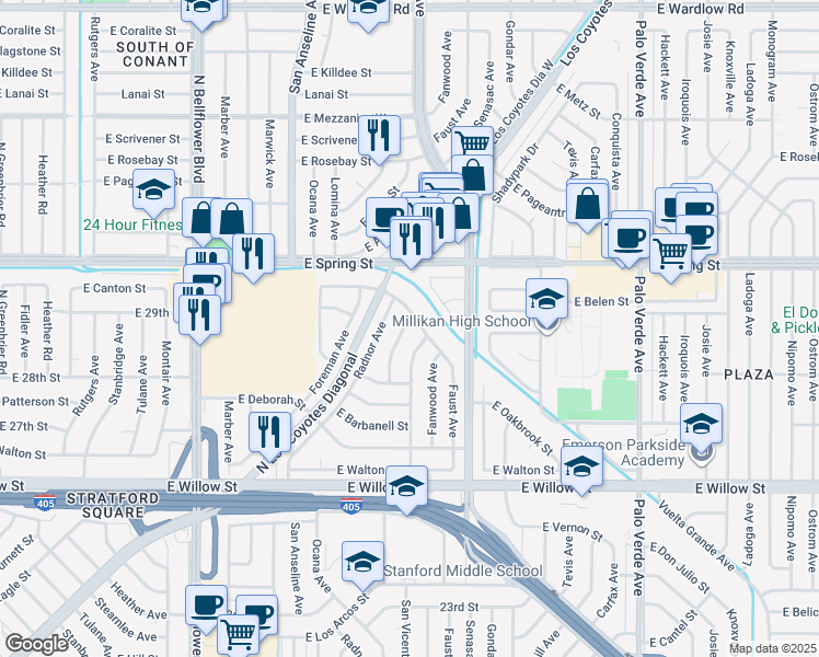 map of restaurants, bars, coffee shops, grocery stores, and more near 2870 Albury Avenue in Long Beach