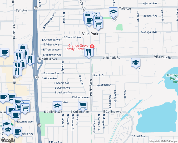 map of restaurants, bars, coffee shops, grocery stores, and more near 2908 East Coolidge Avenue in Orange