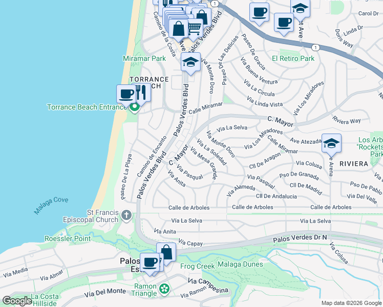 map of restaurants, bars, coffee shops, grocery stores, and more near 117 Vía Mesa Grande in Redondo Beach