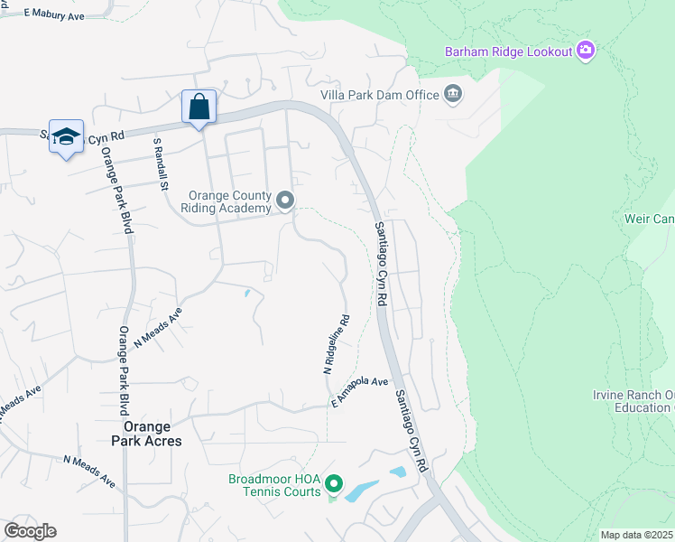 map of restaurants, bars, coffee shops, grocery stores, and more near 1173 North Ridgeline Road in Orange
