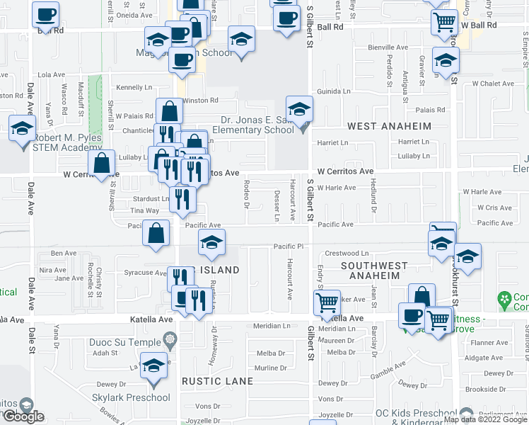 map of restaurants, bars, coffee shops, grocery stores, and more near 9302 Tina Way in Anaheim