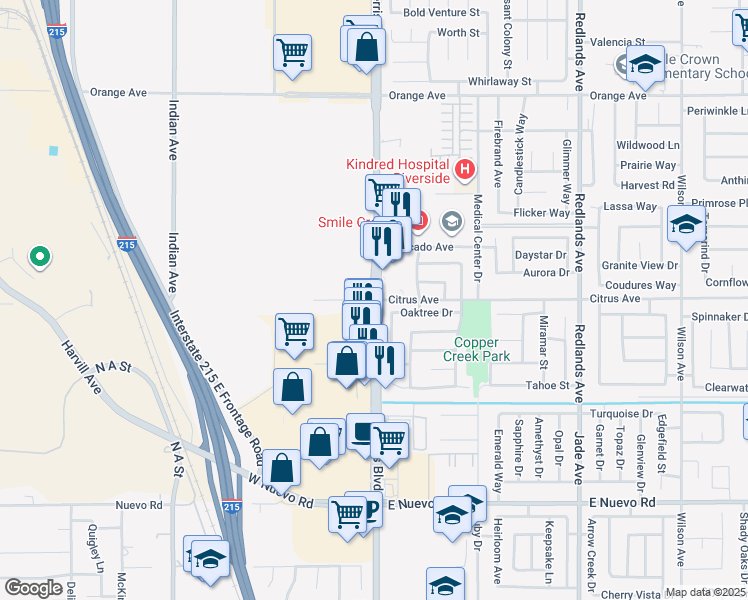 map of restaurants, bars, coffee shops, grocery stores, and more near 1981 North Perris Boulevard in Perris