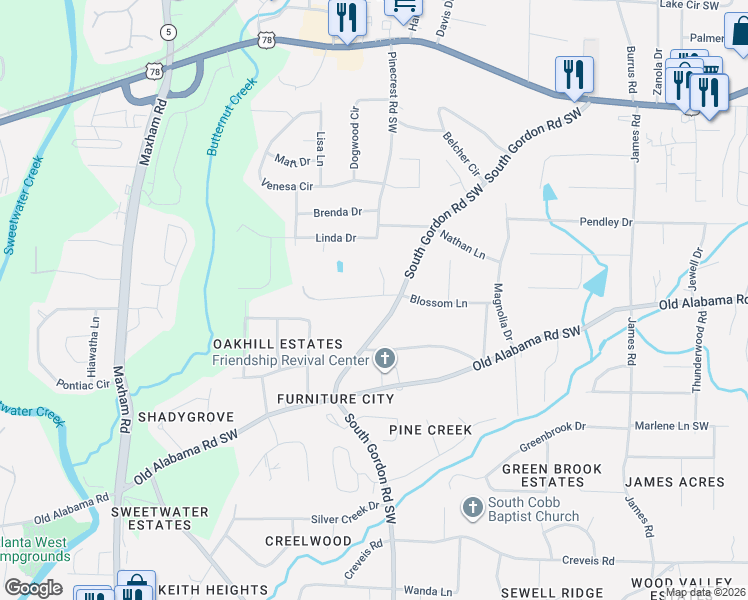 map of restaurants, bars, coffee shops, grocery stores, and more near 1803 Witt Drive in Austell