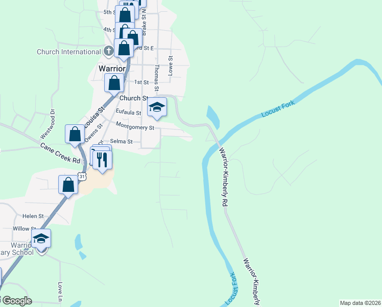 map of restaurants, bars, coffee shops, grocery stores, and more near 9346 Warrior-Kimberly Road in Warrior