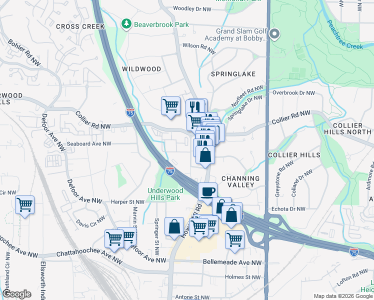 map of restaurants, bars, coffee shops, grocery stores, and more near 1984 Howell Mill Road Northwest in Atlanta