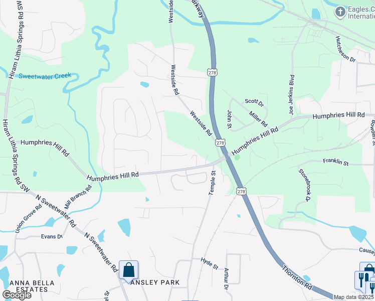 map of restaurants, bars, coffee shops, grocery stores, and more near 6230 Kensington Court in Austell