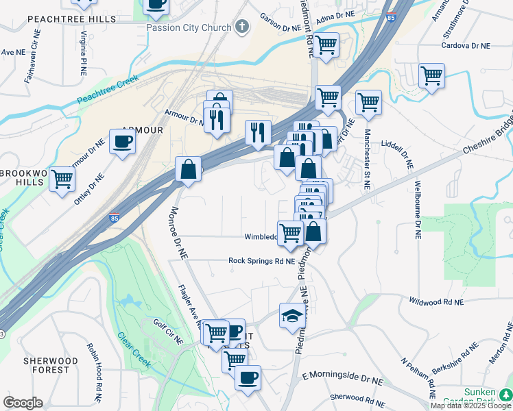 map of restaurants, bars, coffee shops, grocery stores, and more near 1968 Gotham Way Northeast in Atlanta