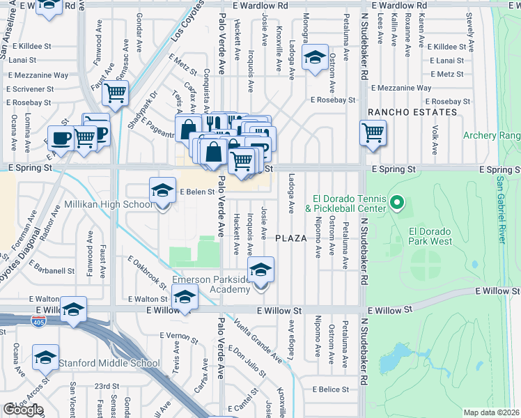 map of restaurants, bars, coffee shops, grocery stores, and more near 2853 Josie Avenue in Long Beach