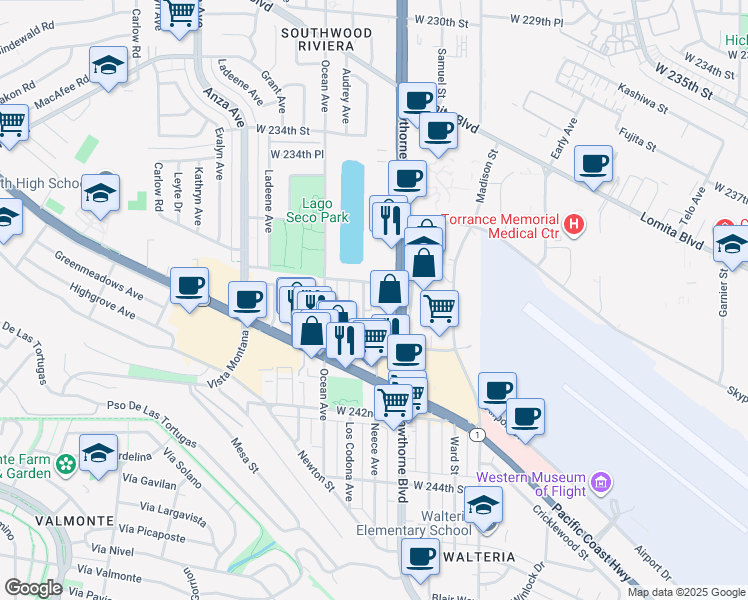 map of restaurants, bars, coffee shops, grocery stores, and more near 23818 Los Codona Avenue in Torrance