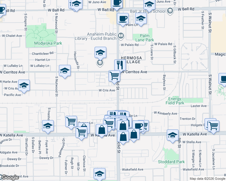 map of restaurants, bars, coffee shops, grocery stores, and more near 1737 West Cris Avenue in Anaheim