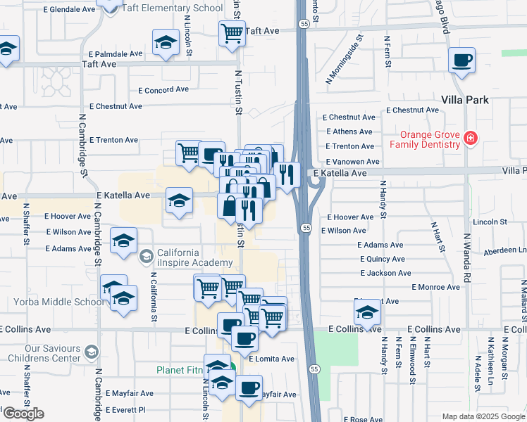 map of restaurants, bars, coffee shops, grocery stores, and more near 1824 East Katella Avenue in Orange