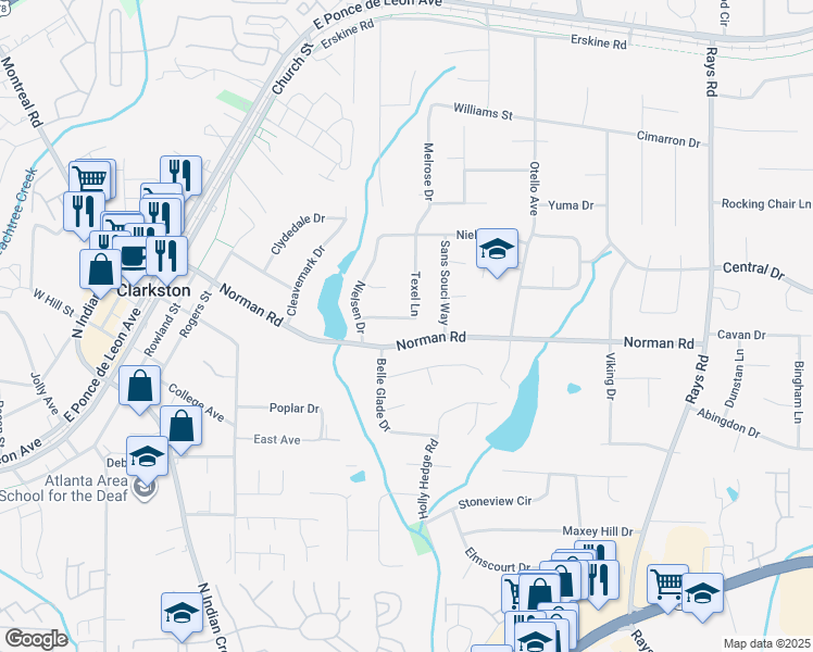 map of restaurants, bars, coffee shops, grocery stores, and more near 995 Texel Lane in Clarkston