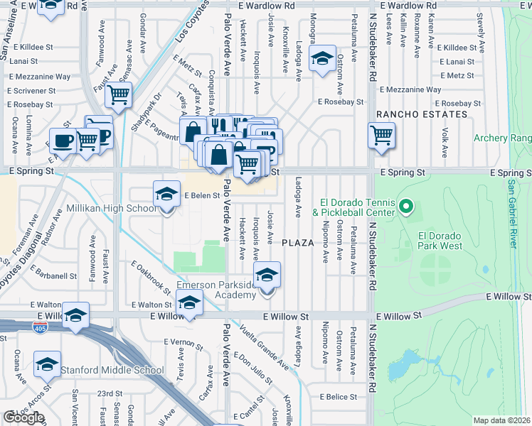 map of restaurants, bars, coffee shops, grocery stores, and more near 2853 Josie Avenue in Long Beach