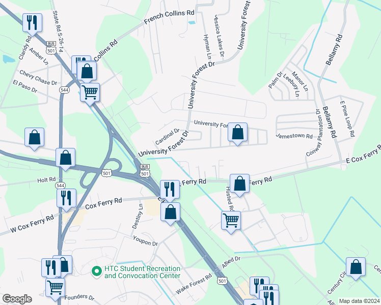 map of restaurants, bars, coffee shops, grocery stores, and more near 611 University Forest Circle in Conway