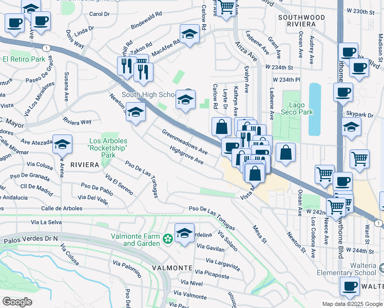 map of restaurants, bars, coffee shops, grocery stores, and more near 4527 Highgrove Avenue in Torrance