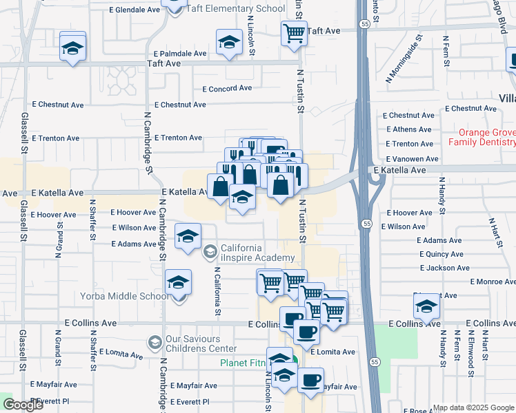 map of restaurants, bars, coffee shops, grocery stores, and more near 1500 East Katella Avenue in Orange