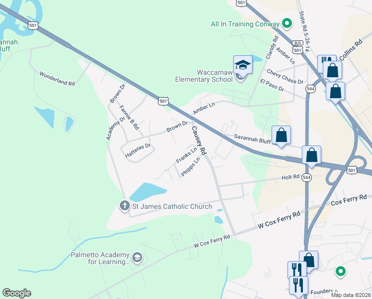 map of restaurants, bars, coffee shops, grocery stores, and more near 1015 Franks Lane in Conway