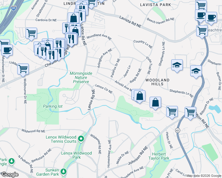 map of restaurants, bars, coffee shops, grocery stores, and more near 1305 Lenox Circle Northeast in Atlanta