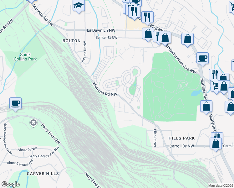 map of restaurants, bars, coffee shops, grocery stores, and more near 2001 Marietta Road Northwest in Atlanta