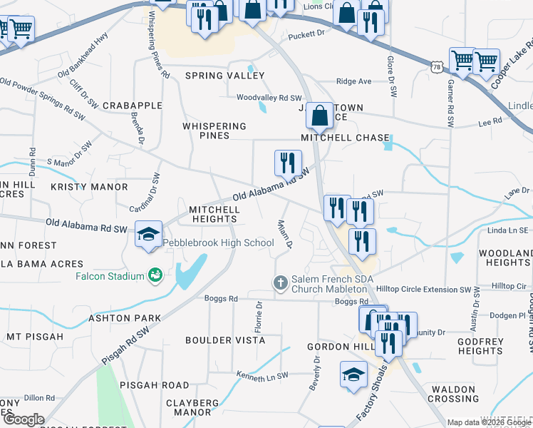 map of restaurants, bars, coffee shops, grocery stores, and more near 5975 Louise Place Southwest in Mableton