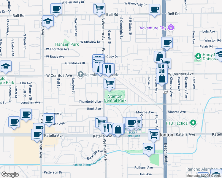 map of restaurants, bars, coffee shops, grocery stores, and more near 10600 Western Avenue in Stanton