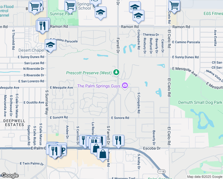 map of restaurants, bars, coffee shops, grocery stores, and more near 2563 East Mesquite Avenue in Palm Springs