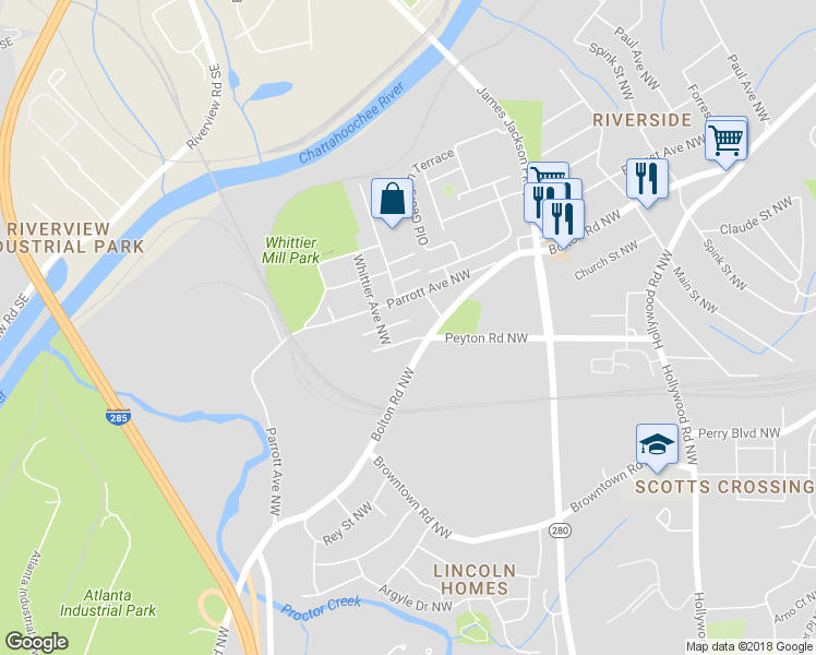 map of restaurants, bars, coffee shops, grocery stores, and more near 2884 Macaw Street Northwest in Atlanta