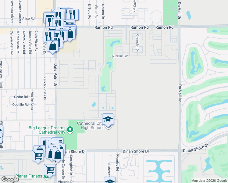 map of restaurants, bars, coffee shops, grocery stores, and more near Golf Course Circle in Cathedral City