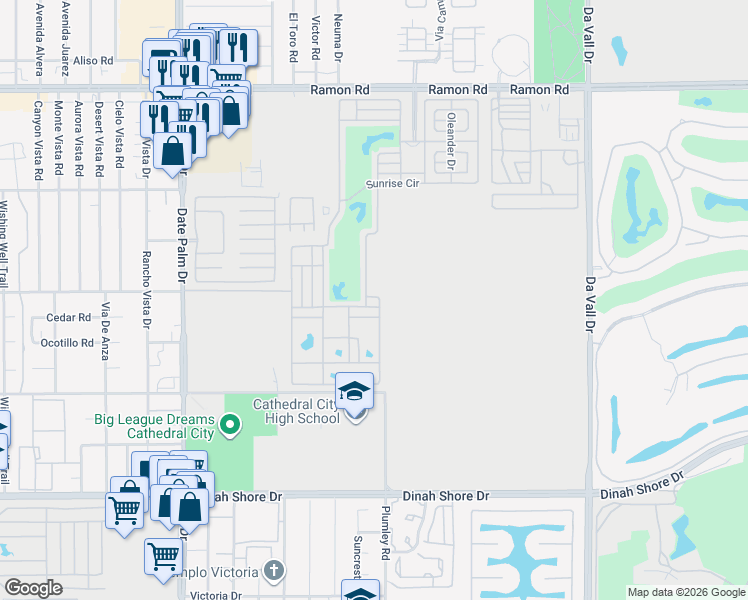 map of restaurants, bars, coffee shops, grocery stores, and more near 69411 Ramon Road in Cathedral City