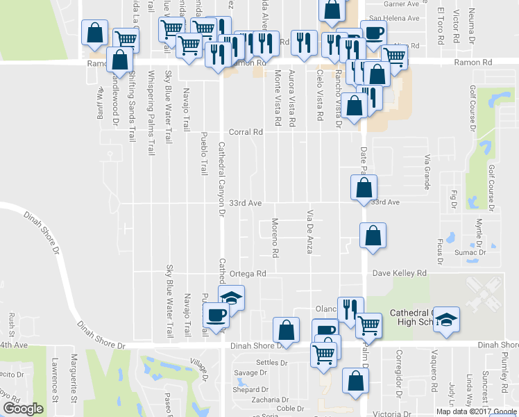 map of restaurants, bars, coffee shops, grocery stores, and more near 68629 33rd Avenue in Cathedral City