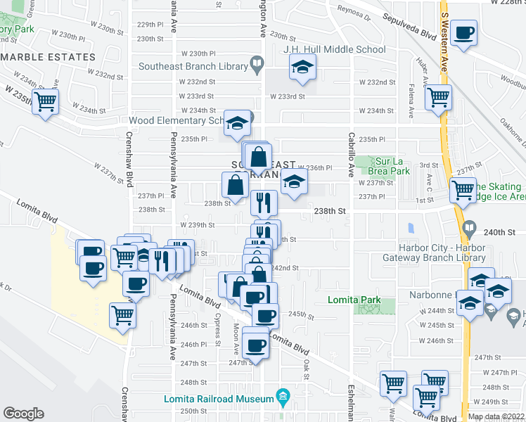 map of restaurants, bars, coffee shops, grocery stores, and more near 23800 Arlington Avenue in Torrance