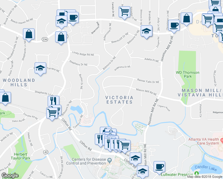 map of restaurants, bars, coffee shops, grocery stores, and more near 1497 Mason Mill Road Northeast in Atlanta