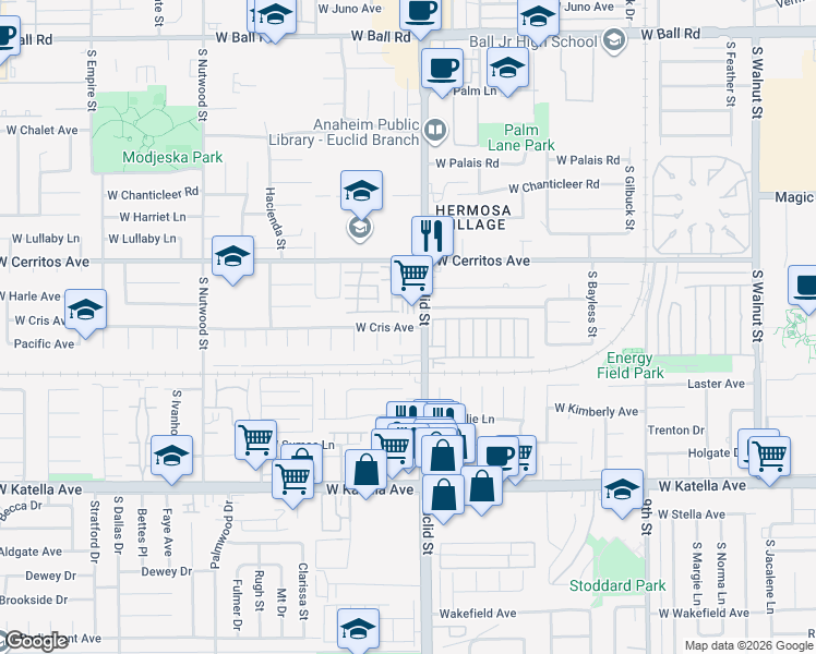 map of restaurants, bars, coffee shops, grocery stores, and more near 1709 West Cris Avenue in Anaheim
