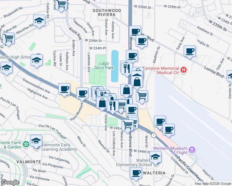 map of restaurants, bars, coffee shops, grocery stores, and more near 23814 Audrey Avenue in Torrance