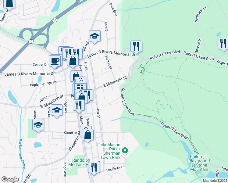 map of restaurants, bars, coffee shops, grocery stores, and more near 305 Stonecliff Court in Stone Mountain