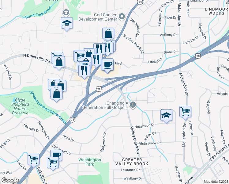 map of restaurants, bars, coffee shops, grocery stores, and more near 2974 Concord Drive in Decatur