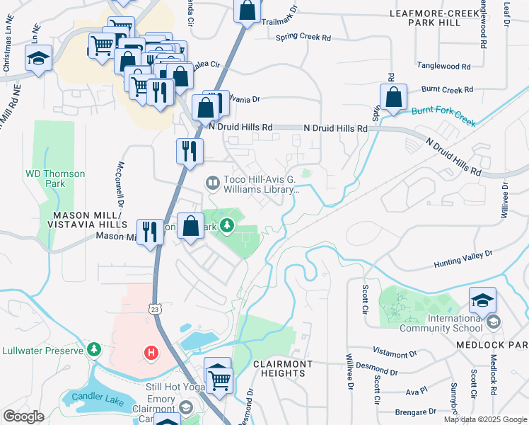 map of restaurants, bars, coffee shops, grocery stores, and more near 1891 Audubon Park Lane in Decatur