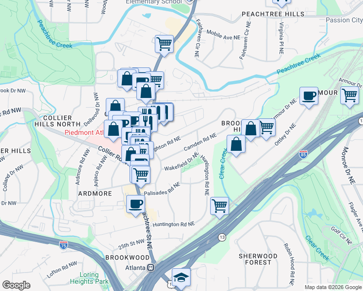map of restaurants, bars, coffee shops, grocery stores, and more near 50 Camden Road Northeast in Atlanta
