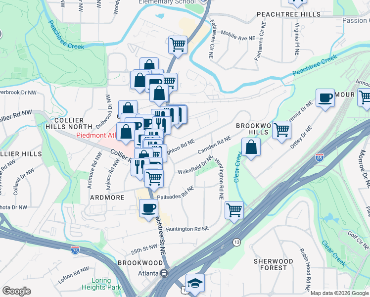map of restaurants, bars, coffee shops, grocery stores, and more near 61 Brighton Road Northeast in Atlanta